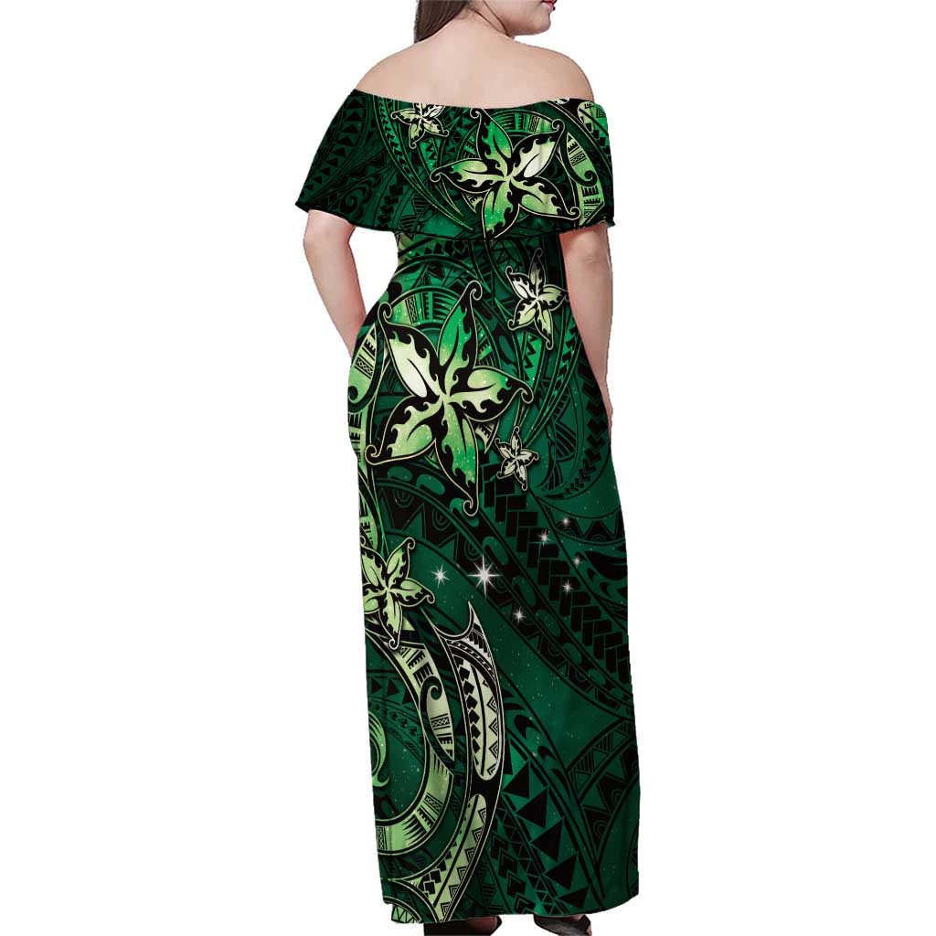 Hawaii Makahiki Season Family Matching Off Shoulder Maxi Dress and Hawaiian Shirt Floral Tribal Tattoo Green Galaxy LT05 - Polynesian Pride