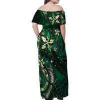 Hawaii Makahiki Season Family Matching Off Shoulder Maxi Dress and Hawaiian Shirt Floral Tribal Tattoo Green Galaxy LT05 - Polynesian Pride