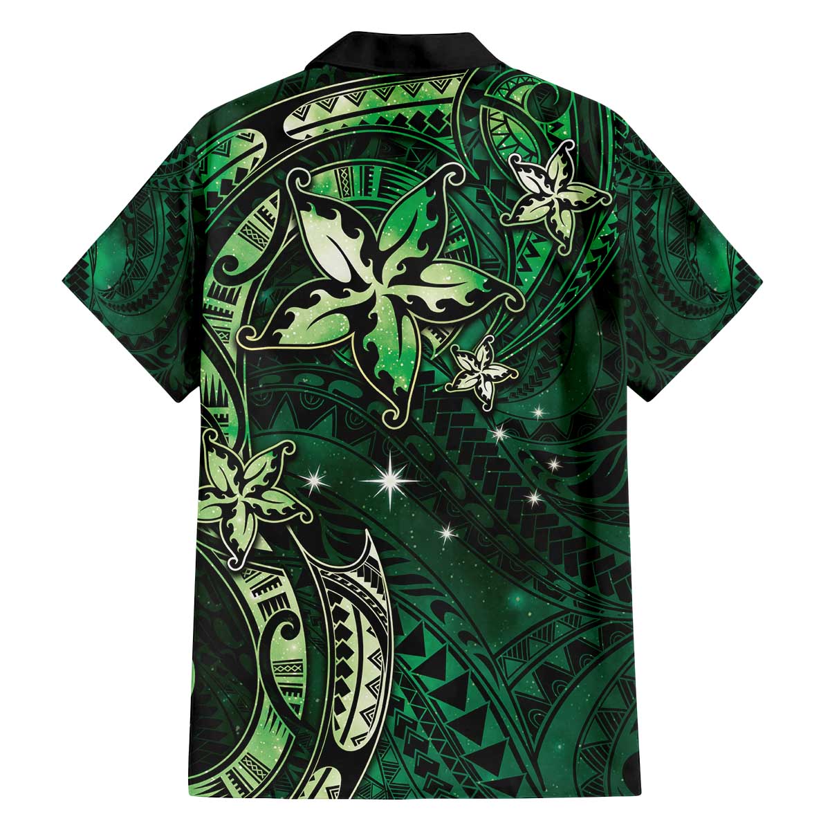 Hawaii Makahiki Season Family Matching Off Shoulder Short Dress and Hawaiian Shirt Floral Tribal Tattoo Green Galaxy LT05 - Polynesian Pride