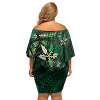 Hawaii Makahiki Season Family Matching Off Shoulder Short Dress and Hawaiian Shirt Floral Tribal Tattoo Green Galaxy LT05 - Polynesian Pride
