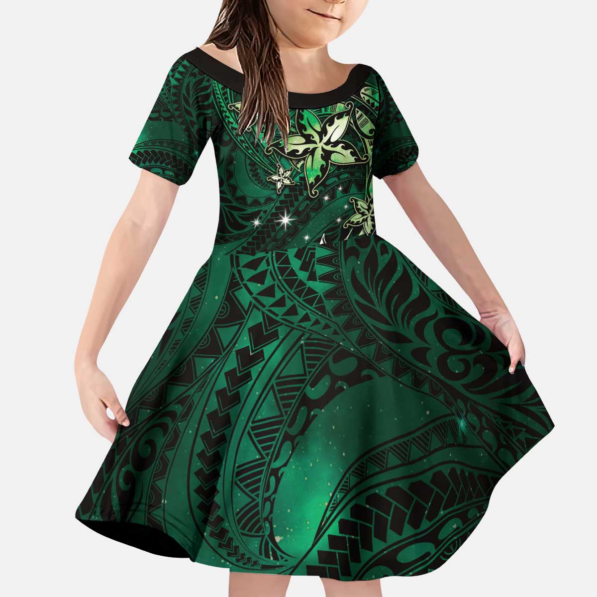 Hawaii Makahiki Season Family Matching Puletasi and Hawaiian Shirt Floral Tribal Tattoo Green Galaxy LT05 Daughter's Dress Green - Polynesian Pride