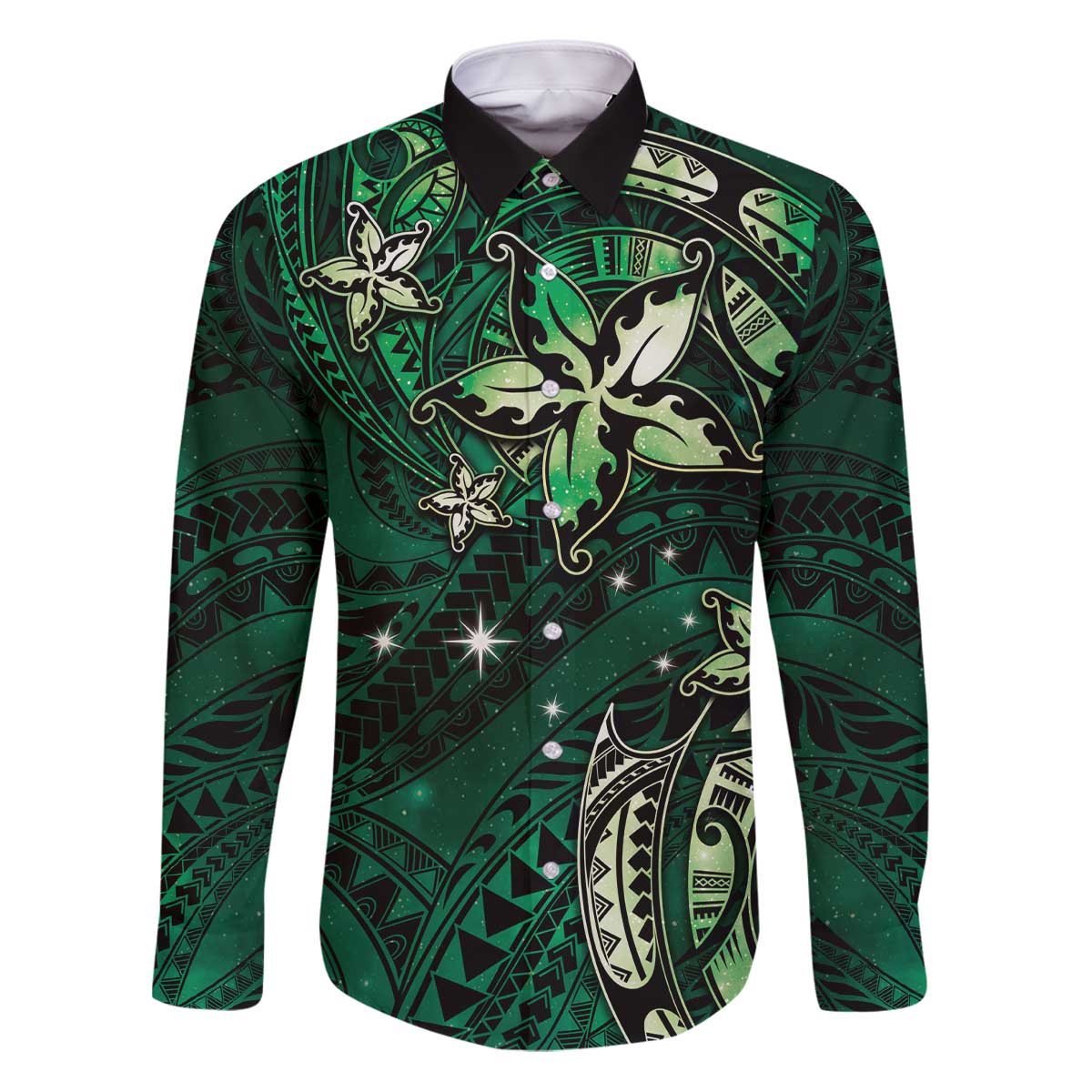 Hawaii Makahiki Season Family Matching Puletasi and Hawaiian Shirt Floral Tribal Tattoo Green Galaxy LT05 Dad's Shirt - Long Sleeve Green - Polynesian Pride