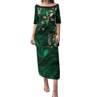 Hawaii Makahiki Season Family Matching Puletasi and Hawaiian Shirt Floral Tribal Tattoo Green Galaxy LT05 Mom's Dress Green - Polynesian Pride