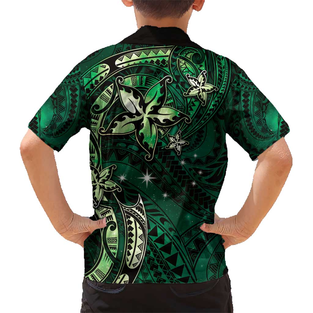 Hawaii Makahiki Season Family Matching Short Sleeve Bodycon Dress and Hawaiian Shirt Floral Tribal Tattoo Green Galaxy LT05 - Polynesian Pride