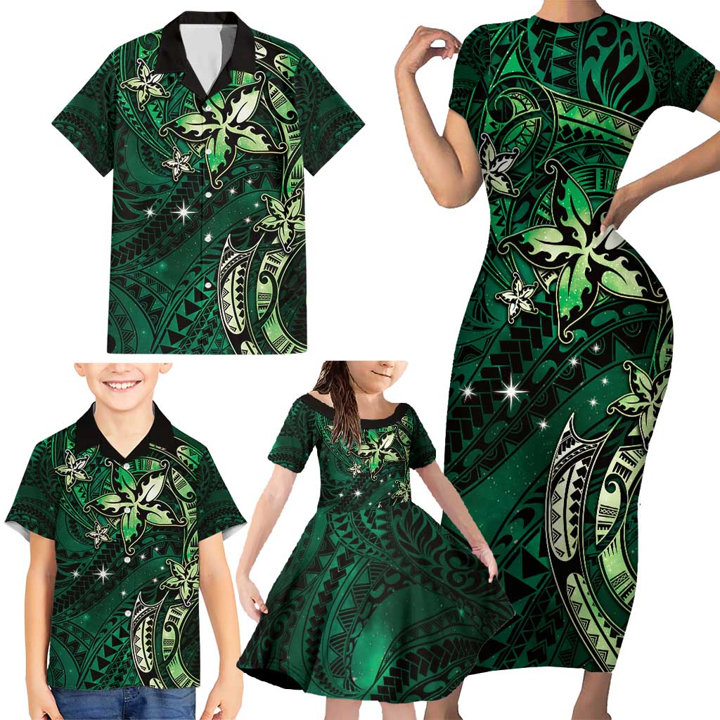 Hawaii Makahiki Season Family Matching Short Sleeve Bodycon Dress and Hawaiian Shirt Floral Tribal Tattoo Green Galaxy LT05 - Polynesian Pride