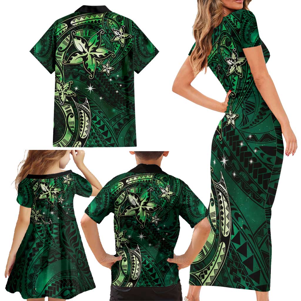 Hawaii Makahiki Season Family Matching Short Sleeve Bodycon Dress and Hawaiian Shirt Floral Tribal Tattoo Green Galaxy LT05 - Polynesian Pride