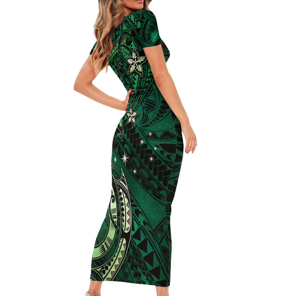 Hawaii Makahiki Season Family Matching Short Sleeve Bodycon Dress and Hawaiian Shirt Floral Tribal Tattoo Green Galaxy LT05 - Polynesian Pride