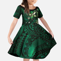 Hawaii Makahiki Season Family Matching Summer Maxi Dress and Hawaiian Shirt Floral Tribal Tattoo Green Galaxy LT05 Daughter's Dress Green - Polynesian Pride