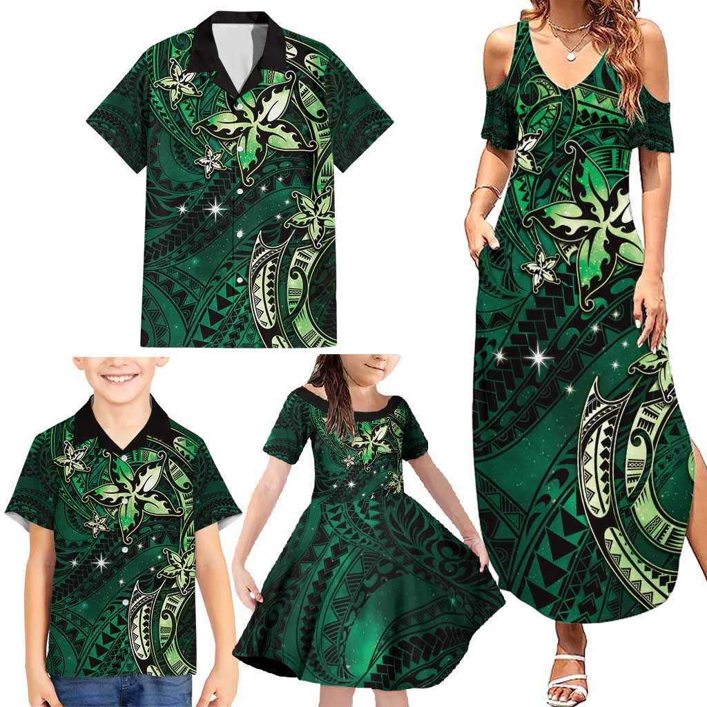 Hawaii Makahiki Season Family Matching Summer Maxi Dress and Hawaiian Shirt Floral Tribal Tattoo Green Galaxy LT05 - Polynesian Pride