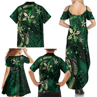 Hawaii Makahiki Season Family Matching Summer Maxi Dress and Hawaiian Shirt Floral Tribal Tattoo Green Galaxy LT05 - Polynesian Pride