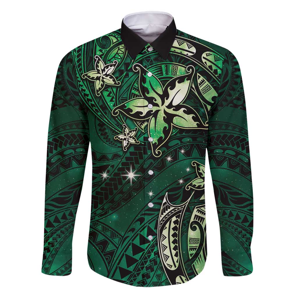 Hawaii Makahiki Season Family Matching Summer Maxi Dress and Hawaiian Shirt Floral Tribal Tattoo Green Galaxy LT05 Dad's Shirt - Long Sleeve Green - Polynesian Pride