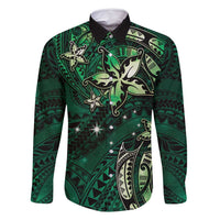 Hawaii Makahiki Season Family Matching Summer Maxi Dress and Hawaiian Shirt Floral Tribal Tattoo Green Galaxy LT05 Dad's Shirt - Long Sleeve Green - Polynesian Pride