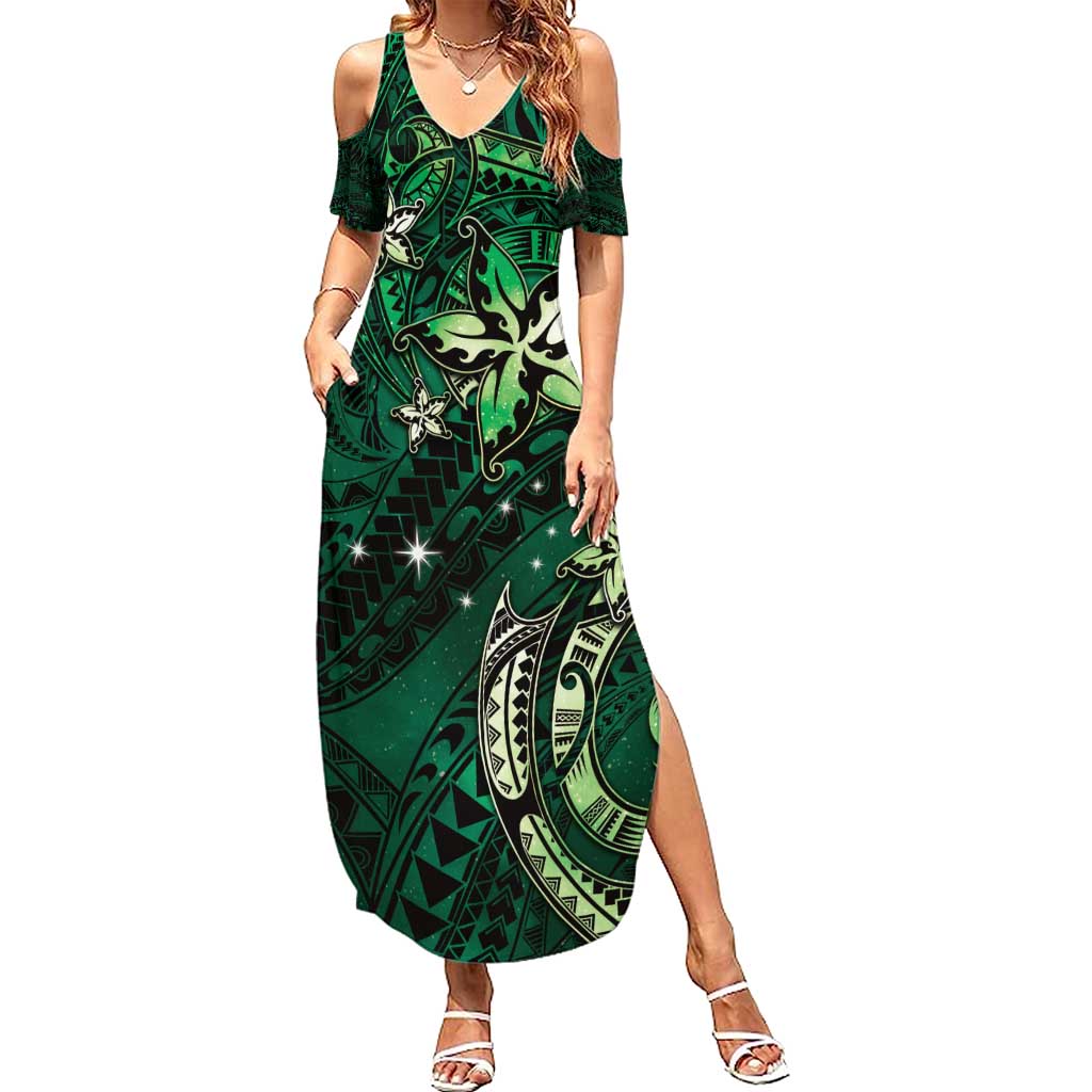 Hawaii Makahiki Season Family Matching Summer Maxi Dress and Hawaiian Shirt Floral Tribal Tattoo Green Galaxy LT05 Mom's Dress Green - Polynesian Pride