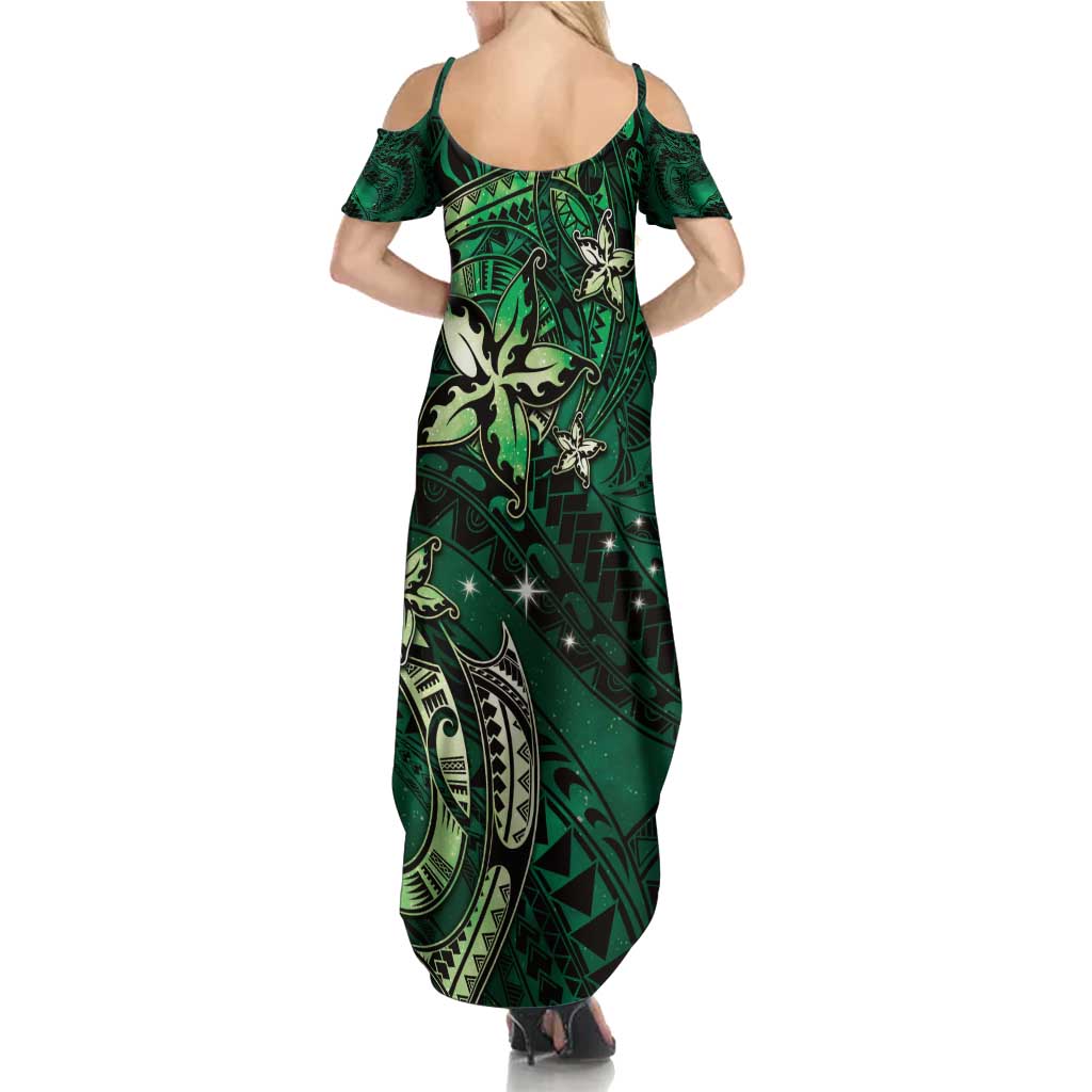 Hawaii Makahiki Season Family Matching Summer Maxi Dress and Hawaiian Shirt Floral Tribal Tattoo Green Galaxy LT05 - Polynesian Pride