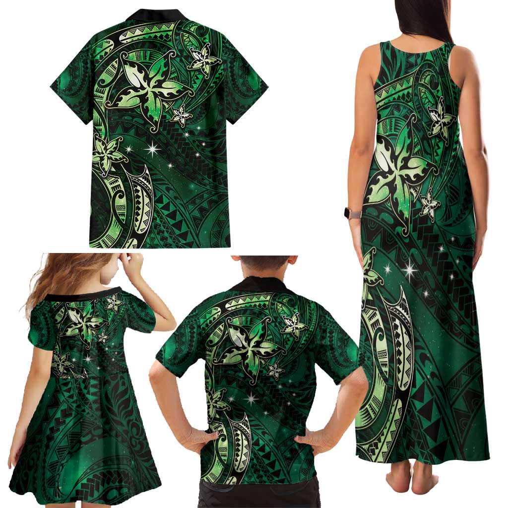 Hawaii Makahiki Season Family Matching Tank Maxi Dress and Hawaiian Shirt Floral Tribal Tattoo Green Galaxy LT05 - Polynesian Pride