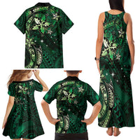 Hawaii Makahiki Season Family Matching Tank Maxi Dress and Hawaiian Shirt Floral Tribal Tattoo Green Galaxy LT05 - Polynesian Pride