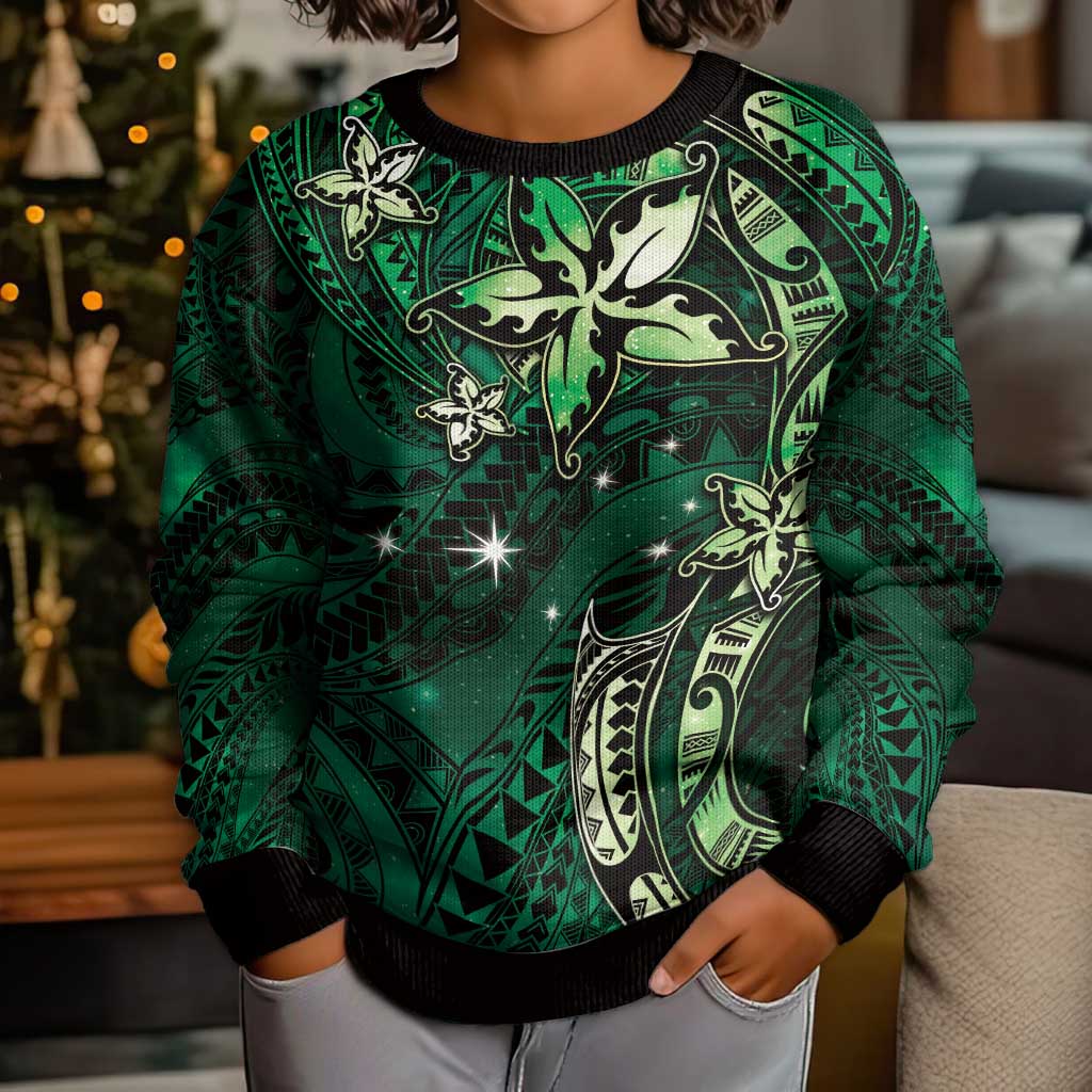 Hawaii Makahiki Season Kid Ugly Christmas Sweater Floral Tribal Tattoo Green Galaxy LT05 - Polynesian Pride