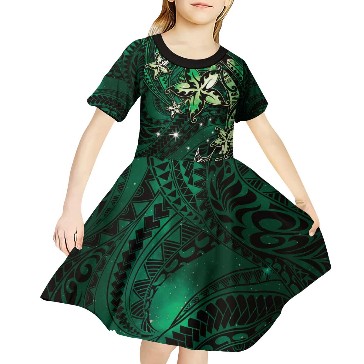 Hawaii Makahiki Season Kid Short Sleeve Dress Floral Tribal Tattoo Green Galaxy LT05 - Polynesian Pride