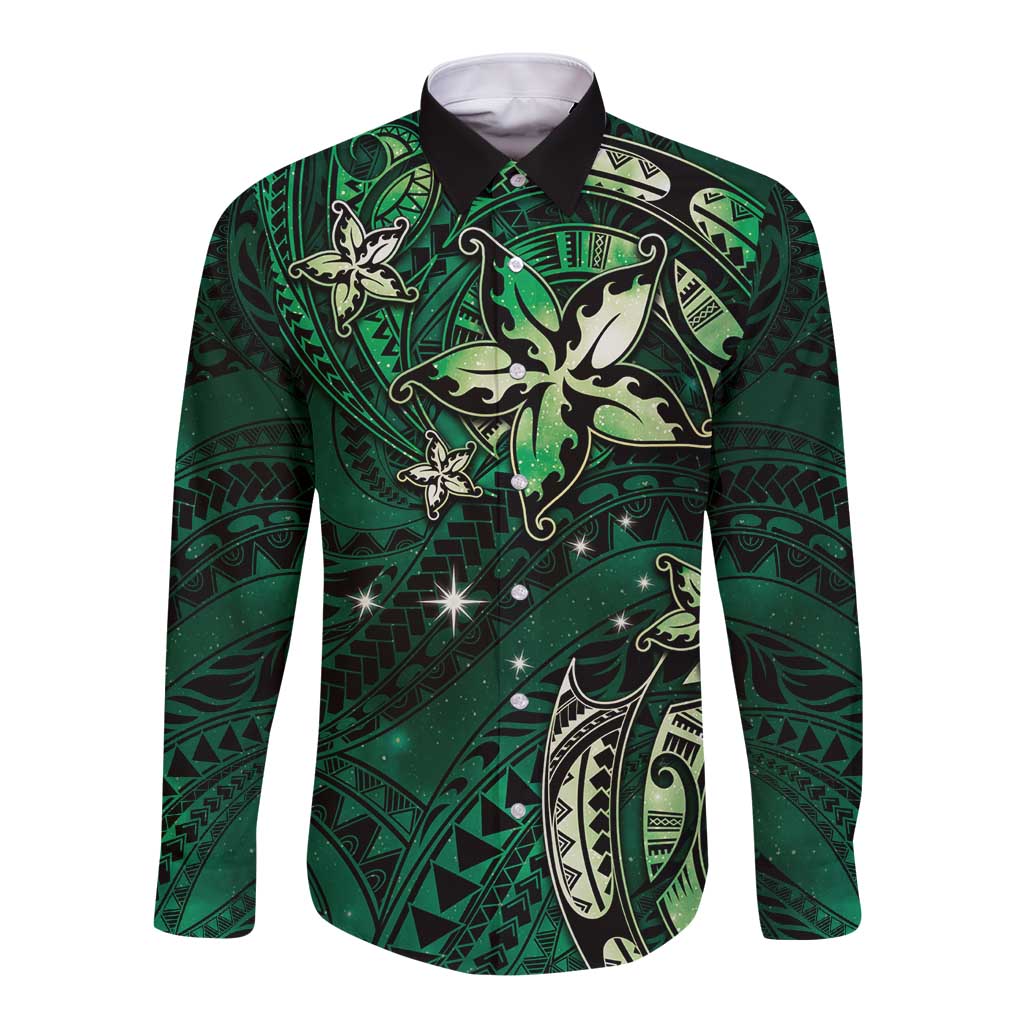 Hawaii Makahiki Season Long Sleeve Button Shirt Floral Tribal Tattoo Green Galaxy LT05 Unisex Green - Polynesian Pride