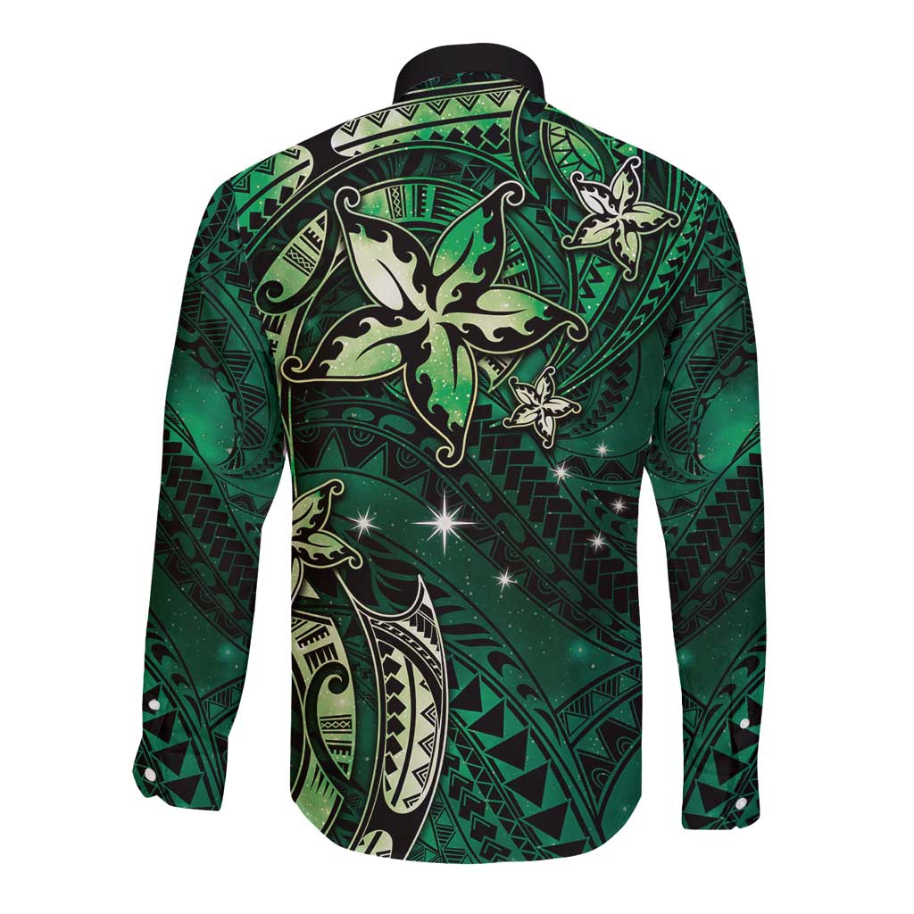 Hawaii Makahiki Season Long Sleeve Button Shirt Floral Tribal Tattoo Green Galaxy LT05 - Polynesian Pride