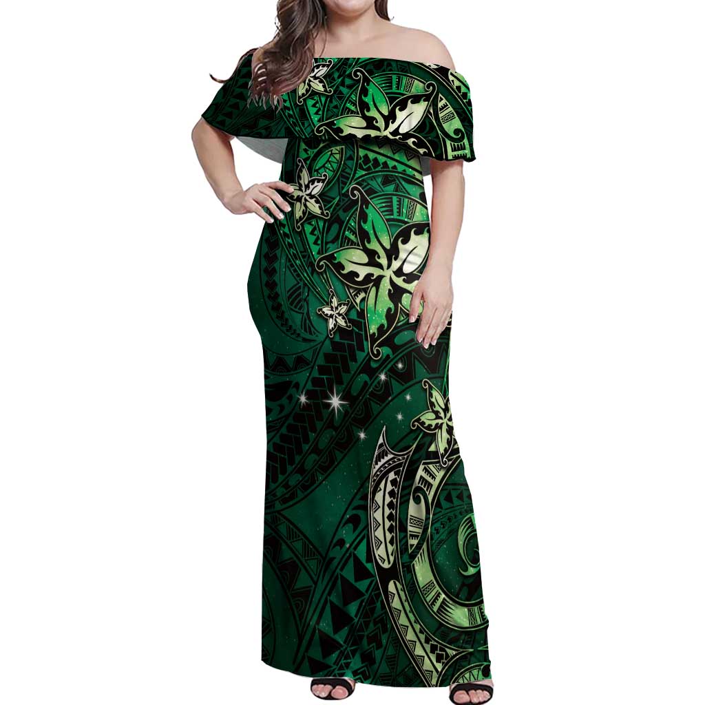 Hawaii Makahiki Season Off Shoulder Maxi Dress Floral Tribal Tattoo Green Galaxy LT05 Women Green - Polynesian Pride