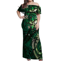 Hawaii Makahiki Season Off Shoulder Maxi Dress Floral Tribal Tattoo Green Galaxy LT05 Women Green - Polynesian Pride