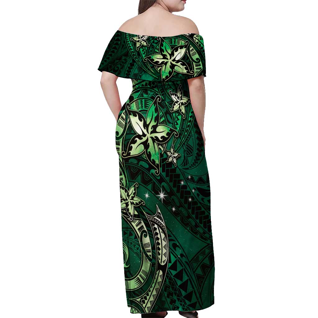 Hawaii Makahiki Season Off Shoulder Maxi Dress Floral Tribal Tattoo Green Galaxy LT05 - Polynesian Pride