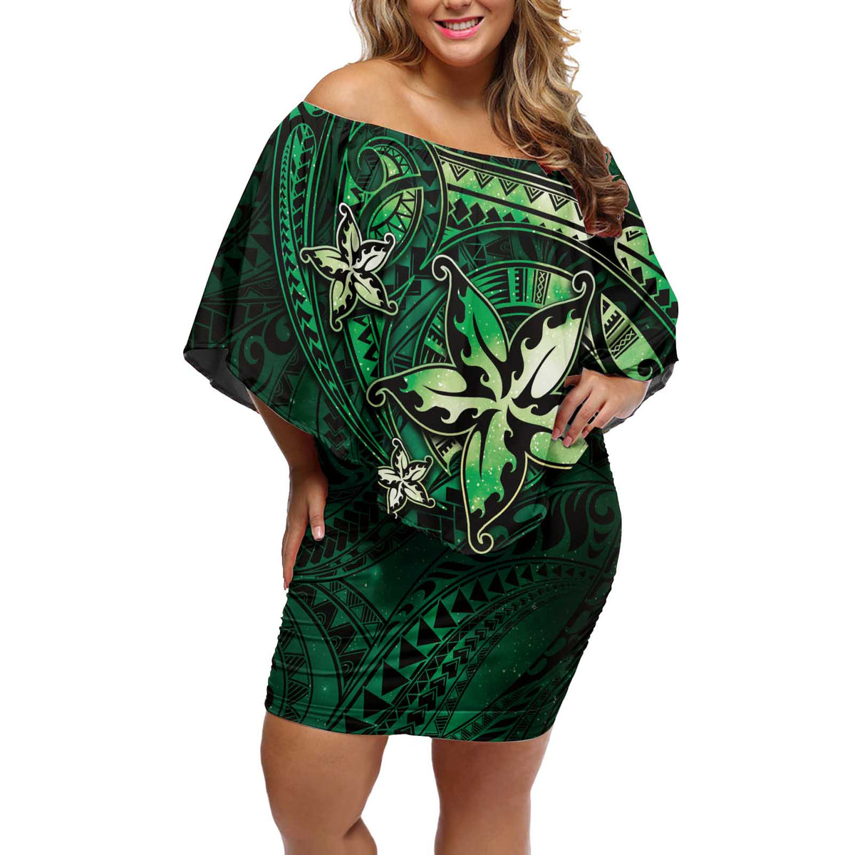 Hawaii Makahiki Season Off Shoulder Short Dress Floral Tribal Tattoo Green Galaxy LT05 Women Green - Polynesian Pride