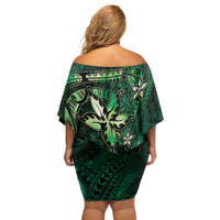 Hawaii Makahiki Season Off Shoulder Short Dress Floral Tribal Tattoo Green Galaxy LT05 - Polynesian Pride