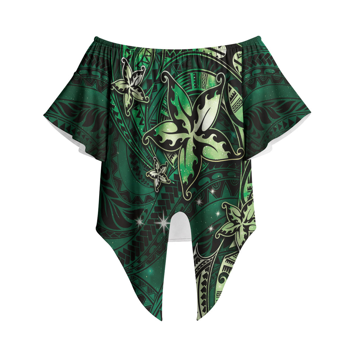 Hawaii Makahiki Season Off Shoulder Wrap Waist Top Floral Tribal Tattoo Green Galaxy LT05 Green - Polynesian Pride