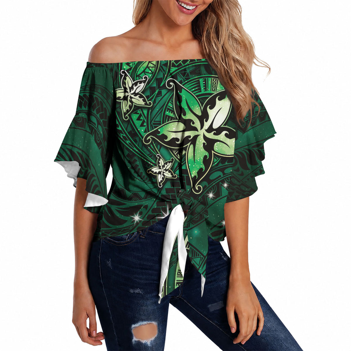 Hawaii Makahiki Season Off Shoulder Wrap Waist Top Floral Tribal Tattoo Green Galaxy LT05 - Polynesian Pride