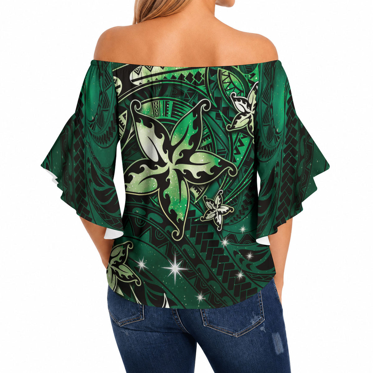 Hawaii Makahiki Season Off Shoulder Wrap Waist Top Floral Tribal Tattoo Green Galaxy LT05 - Polynesian Pride