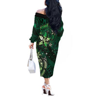 Hawaii Makahiki Season Off The Shoulder Long Sleeve Dress Floral Tribal Tattoo Green Galaxy LT05 - Polynesian Pride