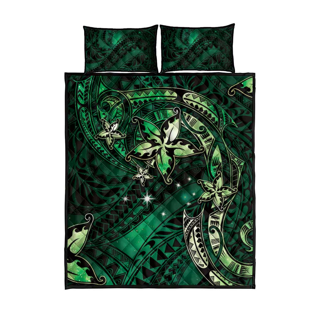 Hawaii Makahiki Season Quilt Bed Set Floral Tribal Tattoo Green Galaxy
