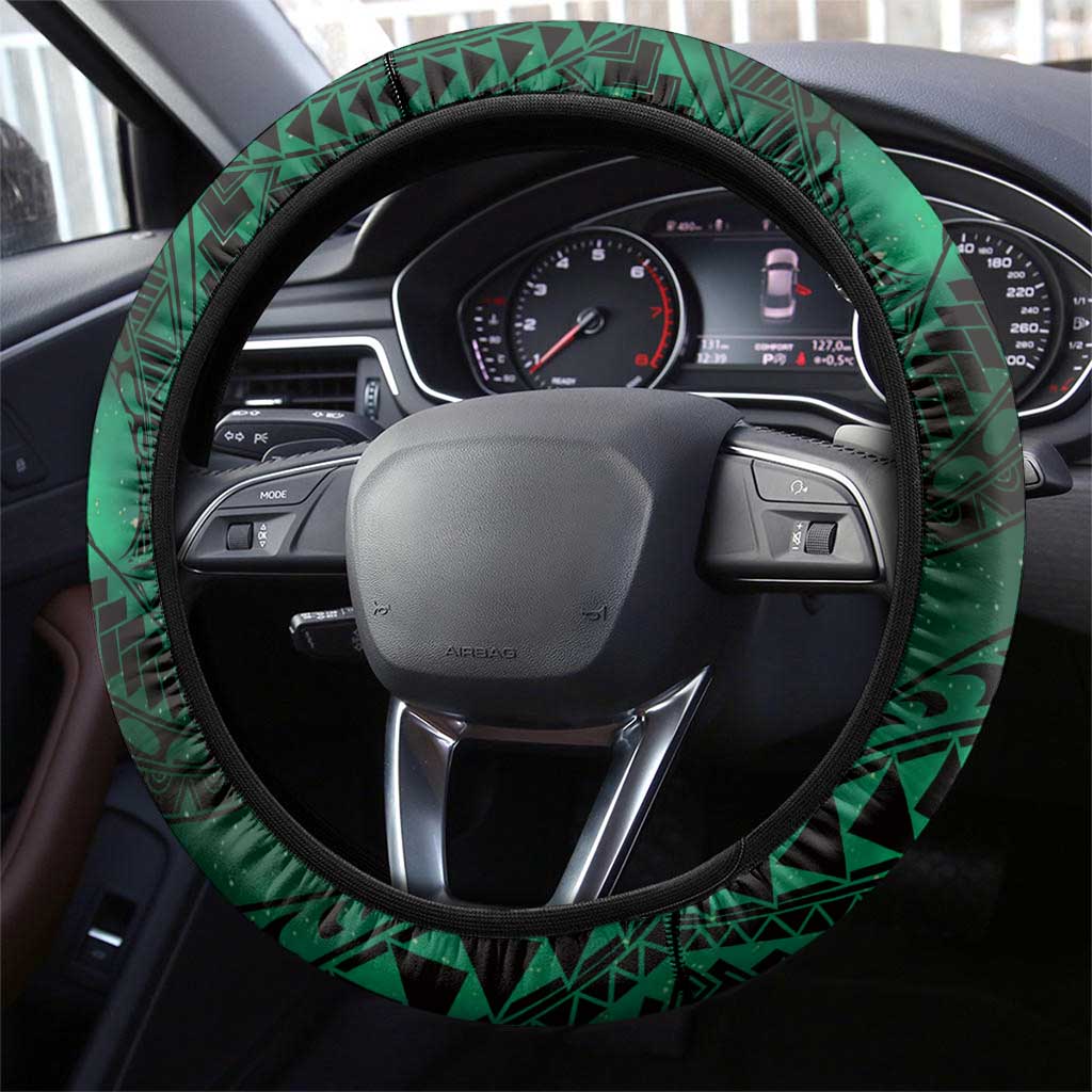 Hawaii Makahiki Season Steering Wheel Cover Floral Tribal Tattoo Green Galaxy LT05 - Polynesian Pride