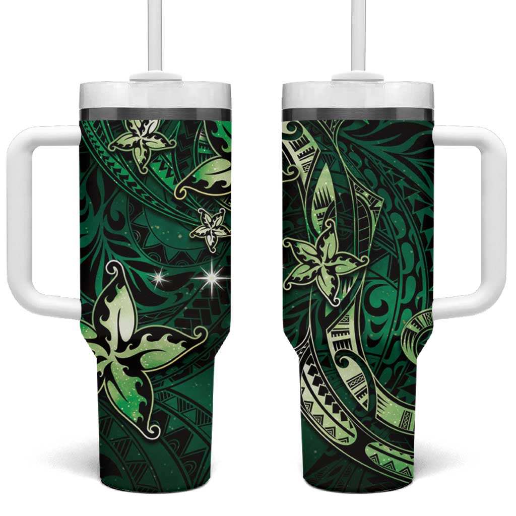 Hawaii Makahiki Season Tumbler With Handle Floral Tribal Tattoo Green Galaxy LT05 One Size: 40 oz Green - Polynesian Pride
