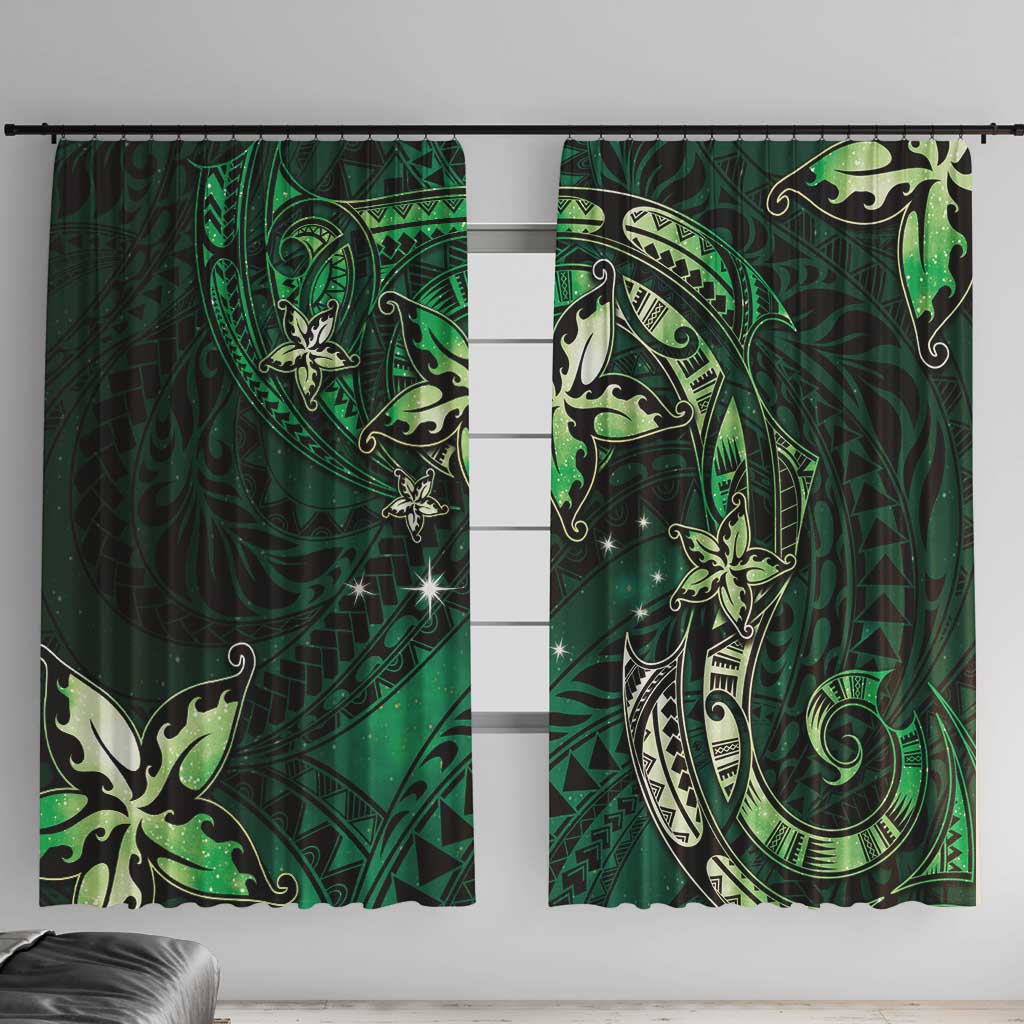 Hawaii Makahiki Season Window Curtain Floral Tribal Tattoo Green Galaxy LT05 With Hooks Green - Polynesian Pride