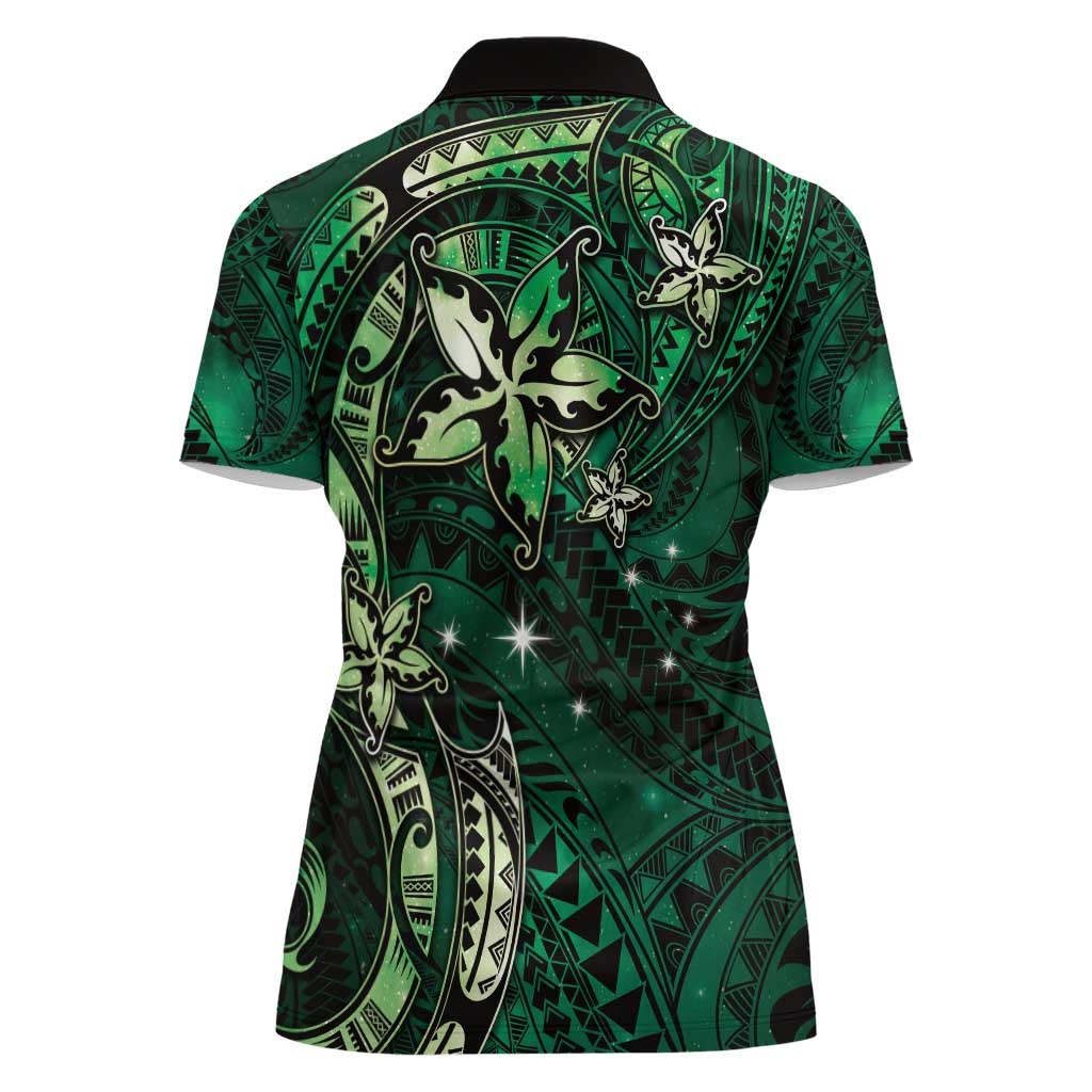 Hawaii Makahiki Season Women Polo Shirt Floral Tribal Tattoo Green Galaxy