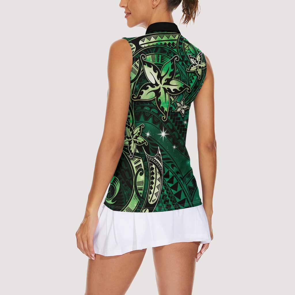 Hawaii Makahiki Season Women Sleeveless Polo Shirt Floral Tribal Tattoo Green Galaxy LT05 - Polynesian Pride