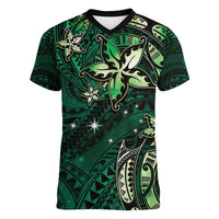 Hawaii Makahiki Season Women V-Neck T-Shirt Floral Tribal Tattoo Green Galaxy LT05 Female Green - Polynesian Pride