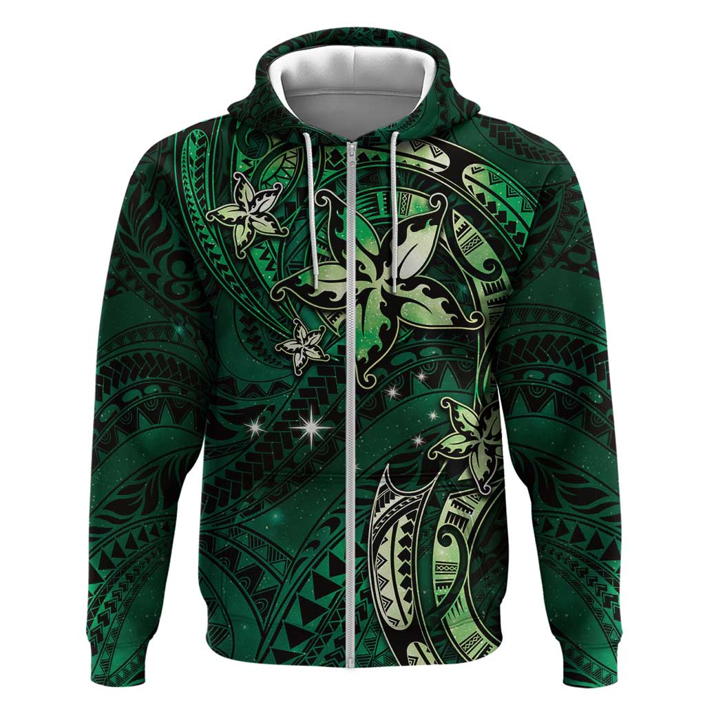 Hawaii Makahiki Season Zip Hoodie Floral Tribal Tattoo Green Galaxy LT05 Zip Hoodie Green - Polynesian Pride