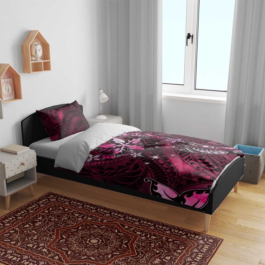 Hawaii Makahiki Season Bedding Set Floral Tribal Tattoo Pink Galaxy