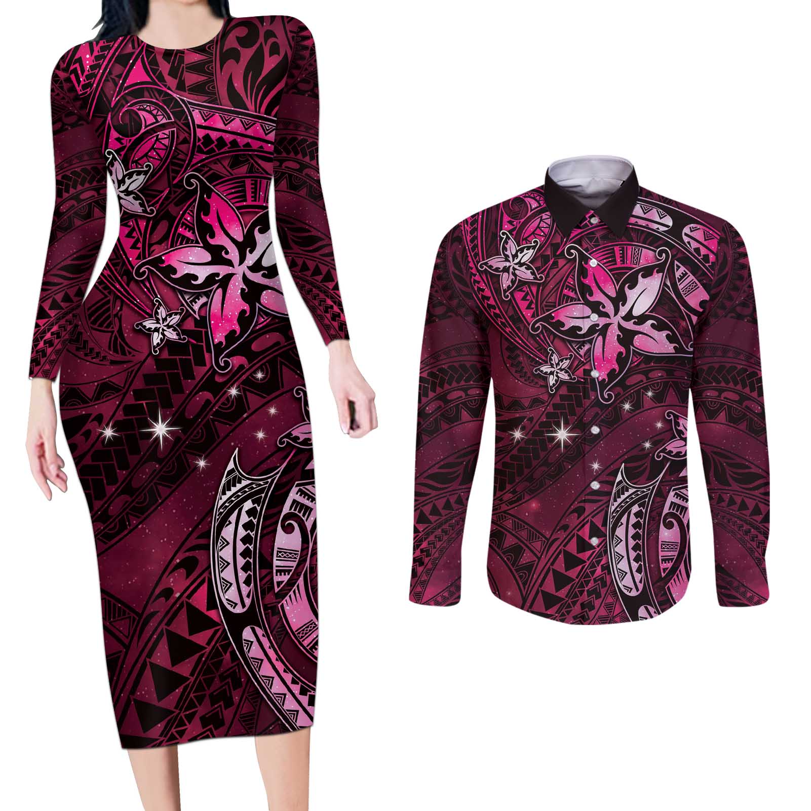 Hawaii Makahiki Season Couples Matching Long Sleeve Bodycon Dress and Long Sleeve Button Shirt Floral Tribal Tattoo Pink Galaxy