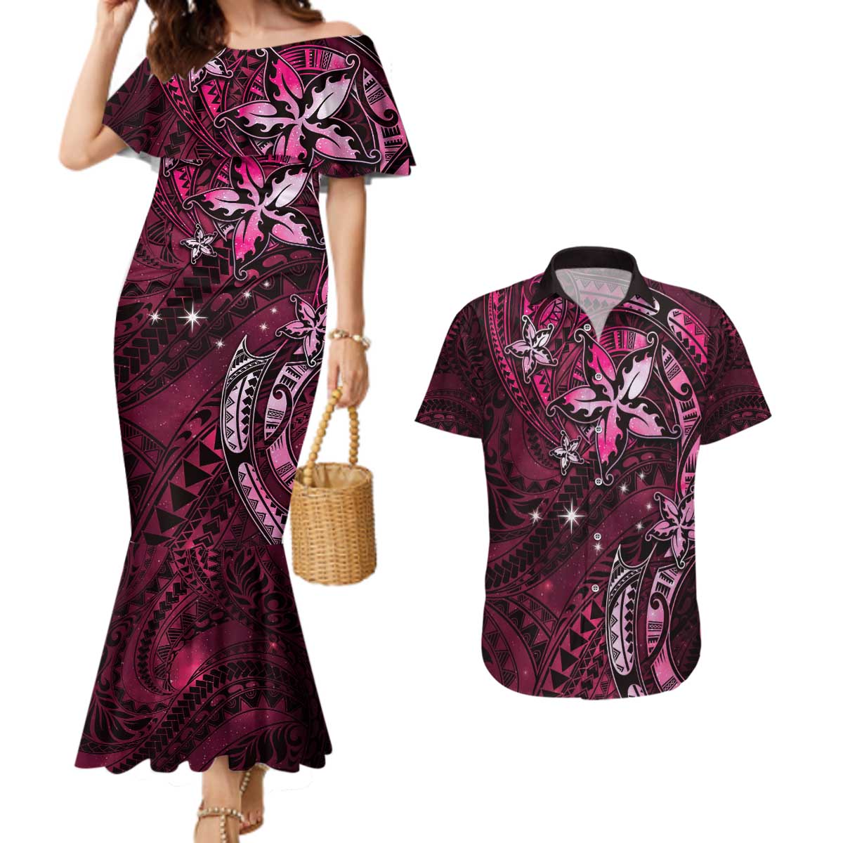 Hawaii Makahiki Season Couples Matching Mermaid Dress and Hawaiian Shirt Floral Tribal Tattoo Pink Galaxy LT05 Pink - Polynesian Pride