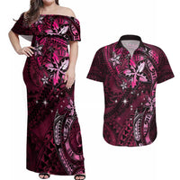 Hawaii Makahiki Season Couples Matching Off Shoulder Maxi Dress and Hawaiian Shirt Floral Tribal Tattoo Pink Galaxy LT05 Pink - Polynesian Pride