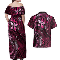 Hawaii Makahiki Season Couples Matching Off Shoulder Maxi Dress and Hawaiian Shirt Floral Tribal Tattoo Pink Galaxy LT05 - Polynesian Pride