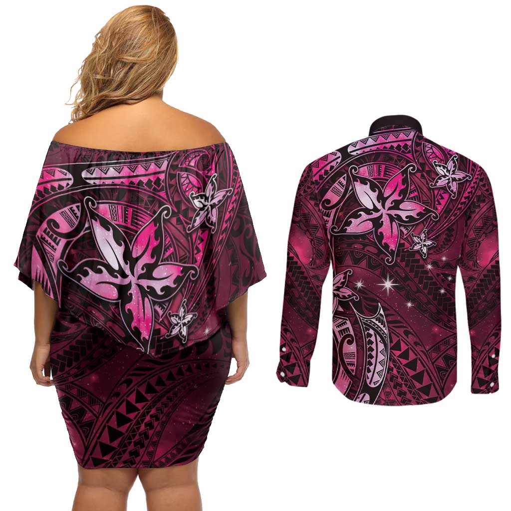 Hawaii Makahiki Season Couples Matching Off Shoulder Short Dress and Long Sleeve Button Shirt Floral Tribal Tattoo Pink Galaxy