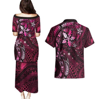 Hawaii Makahiki Season Couples Matching Puletasi and Hawaiian Shirt Floral Tribal Tattoo Pink Galaxy LT05 - Polynesian Pride
