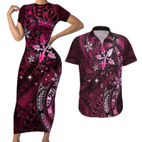 Hawaii Makahiki Season Couples Matching Short Sleeve Bodycon Dress and Hawaiian Shirt Floral Tribal Tattoo Pink Galaxy LT05 Pink - Polynesian Pride