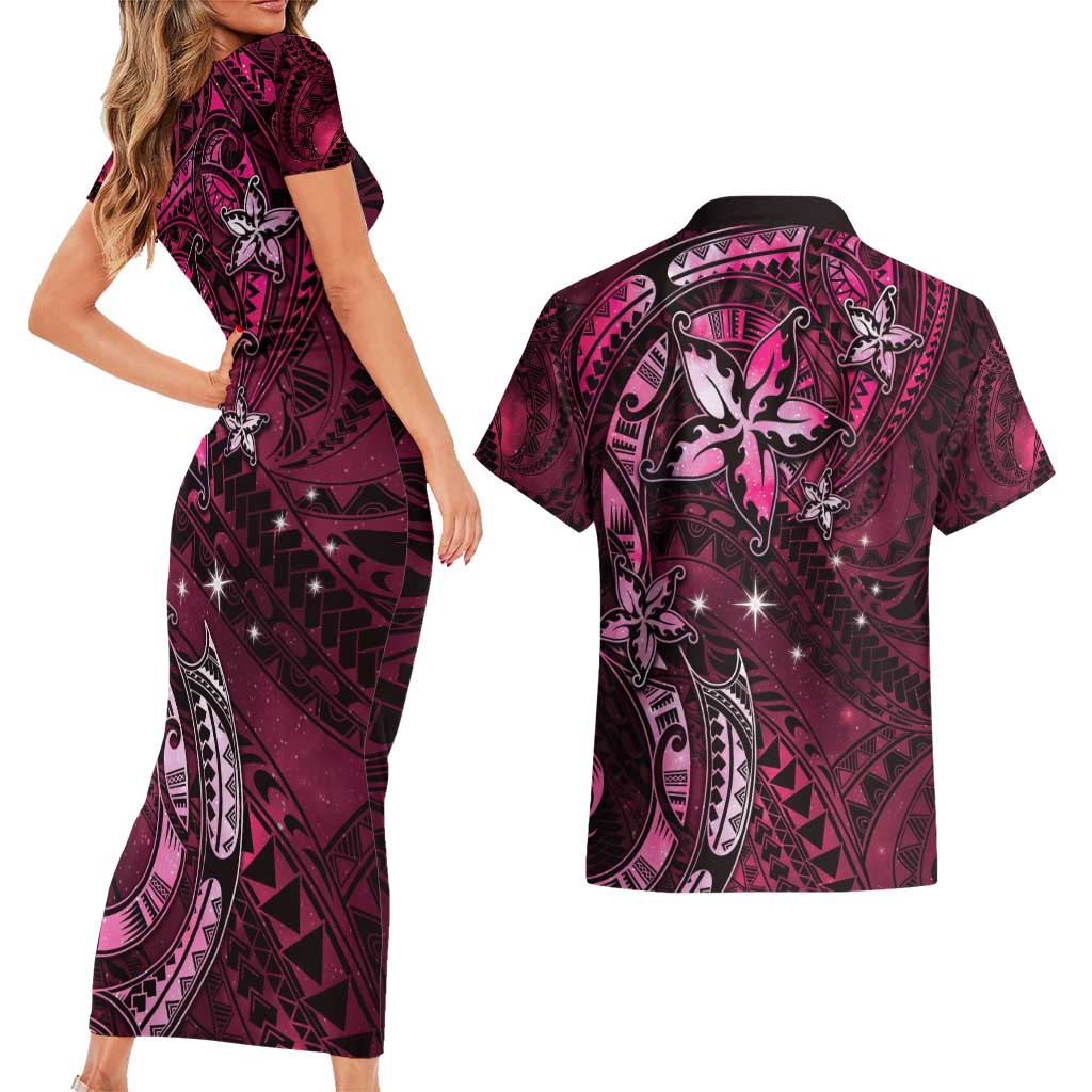 Hawaii Makahiki Season Couples Matching Short Sleeve Bodycon Dress and Hawaiian Shirt Floral Tribal Tattoo Pink Galaxy LT05 - Polynesian Pride